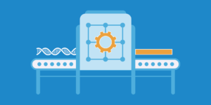 Machine receives DNA, turns an orange gear, yields a straight orange line.