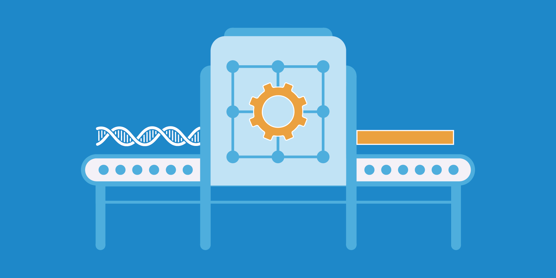 Machine receives DNA, turns an orange gear, yields a straight orange line.