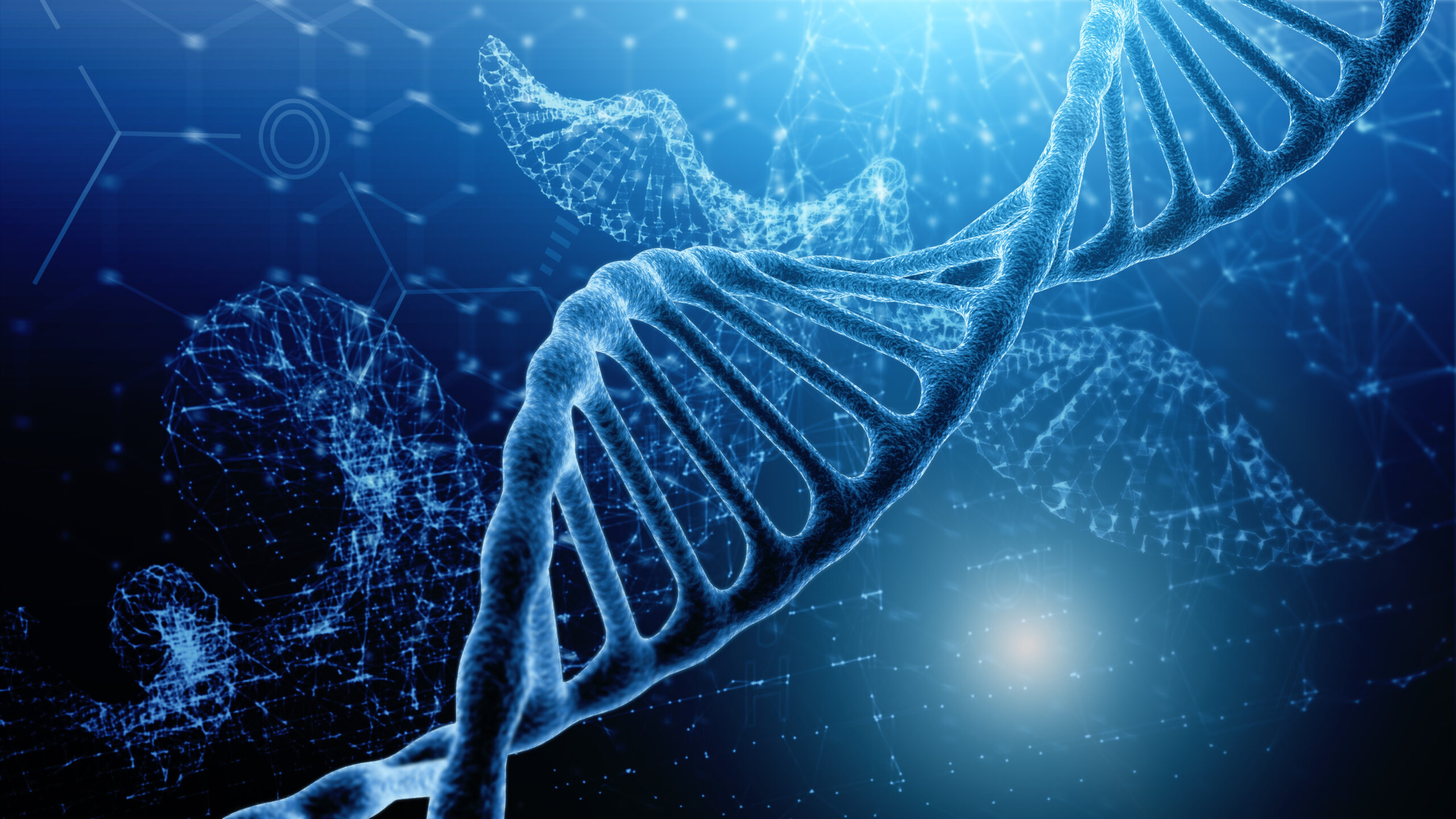 A DNA strand extending across a blue background, filled with molecular structures and more DNA
