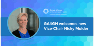 Headshot of Nicky Mulder and text that reads "GA4GH welcomes new Vice-Chair Nicky Mulder"