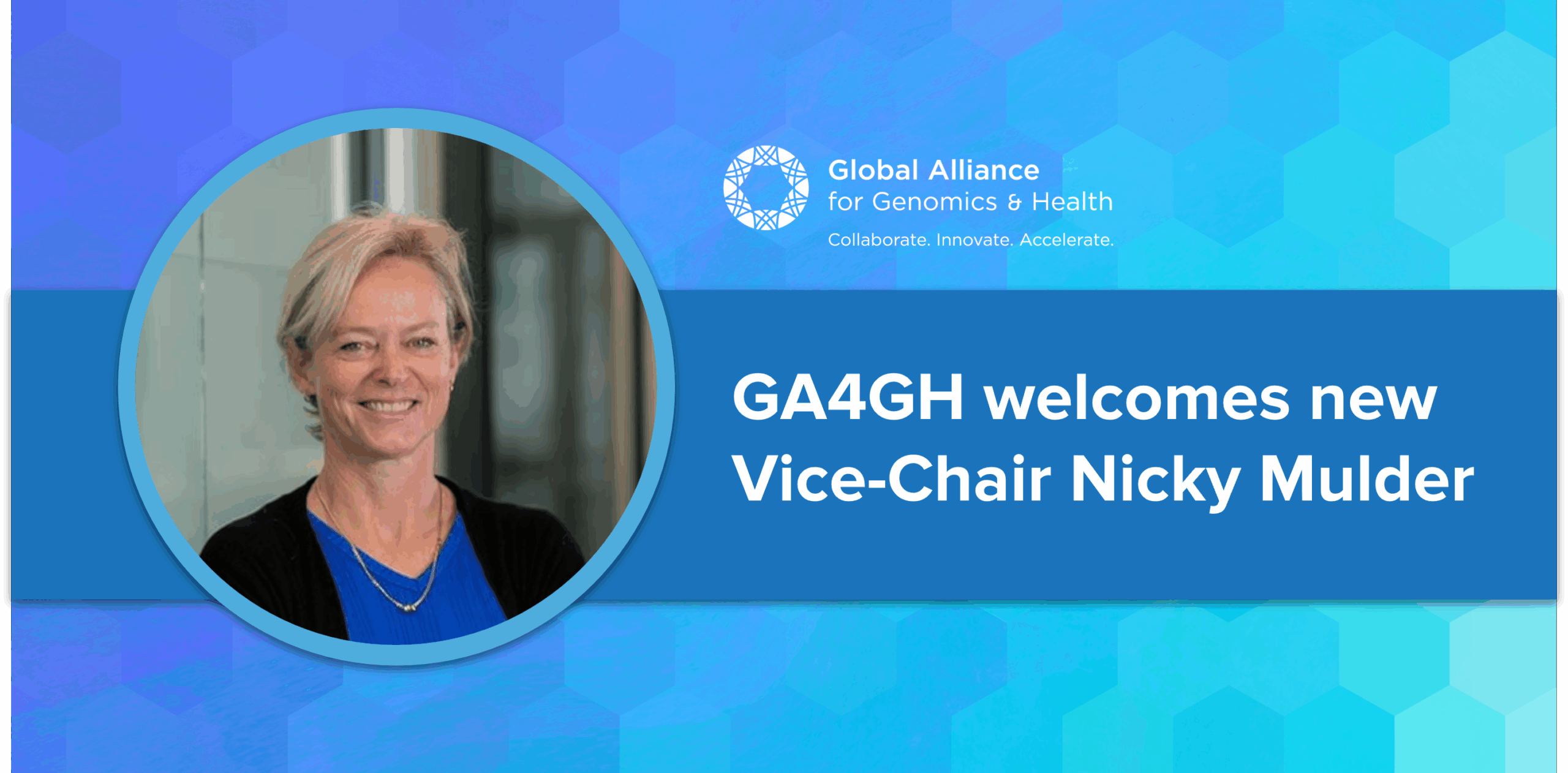 Headshot of Nicky Mulder and text that reads &quot;GA4GH welcomes new Vice-Chair Nicky Mulder&quot;