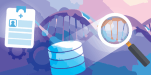 A colorful strand of DNA set against images of a patient health record, a database, and a magnifying glass.