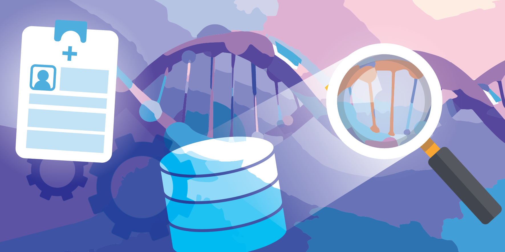 A colorful strand of DNA set against images of a patient health record, a database, and a magnifying glass.