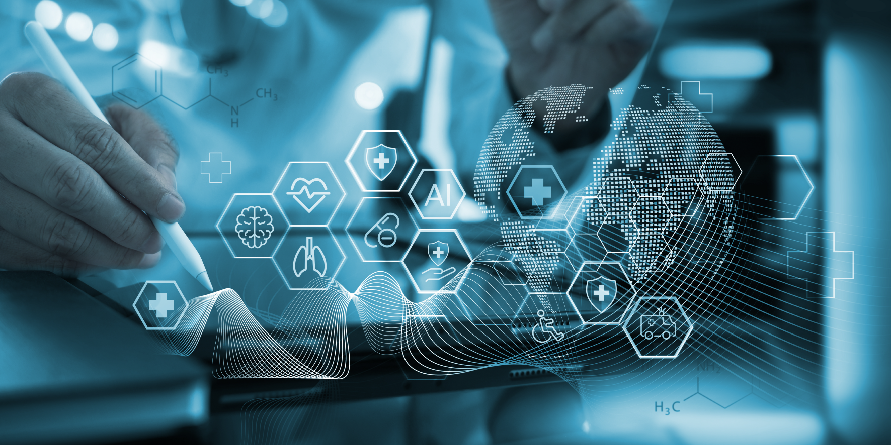 A doctor writing on iPad with health data and global connections coming out of the pen.