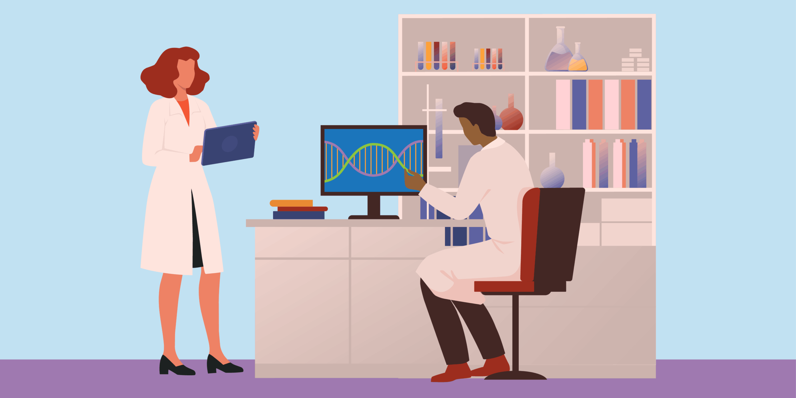 Two doctors studying a patient's DNA