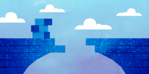 Partially formed bridge with binary code running along it. Building blocks are perched on one side of the bridge.
