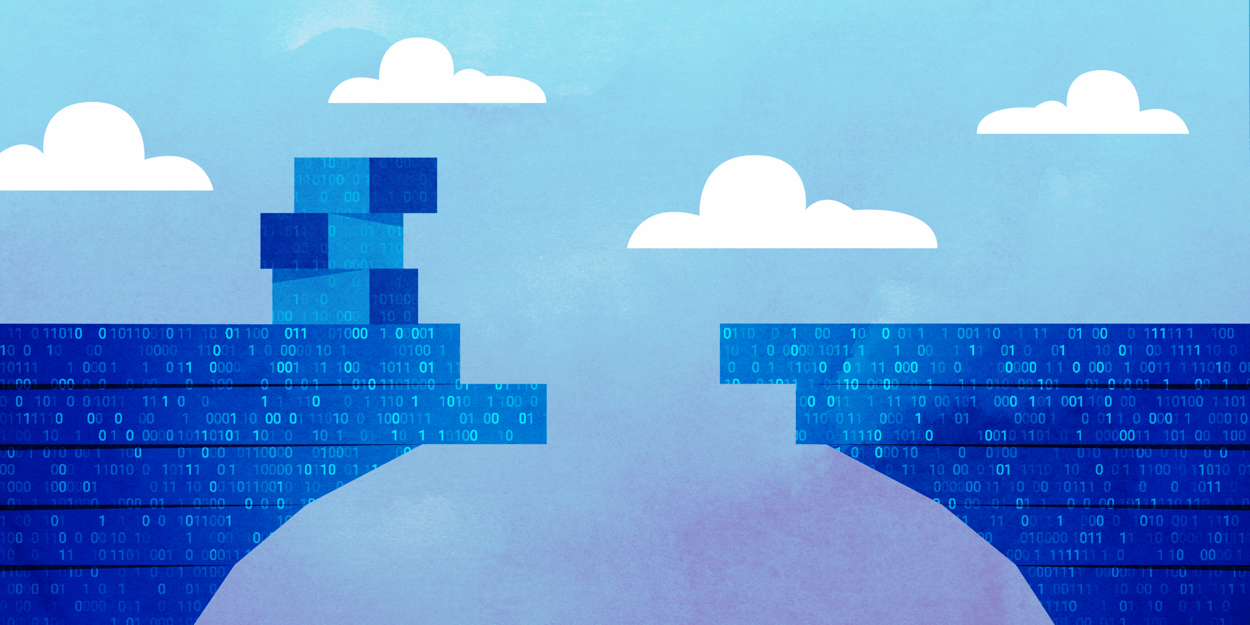 Partially formed bridge with binary code running along it. Building blocks are perched on one side of the bridge.