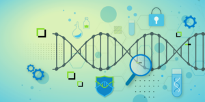 DNA strand with other scientific graphics in the background