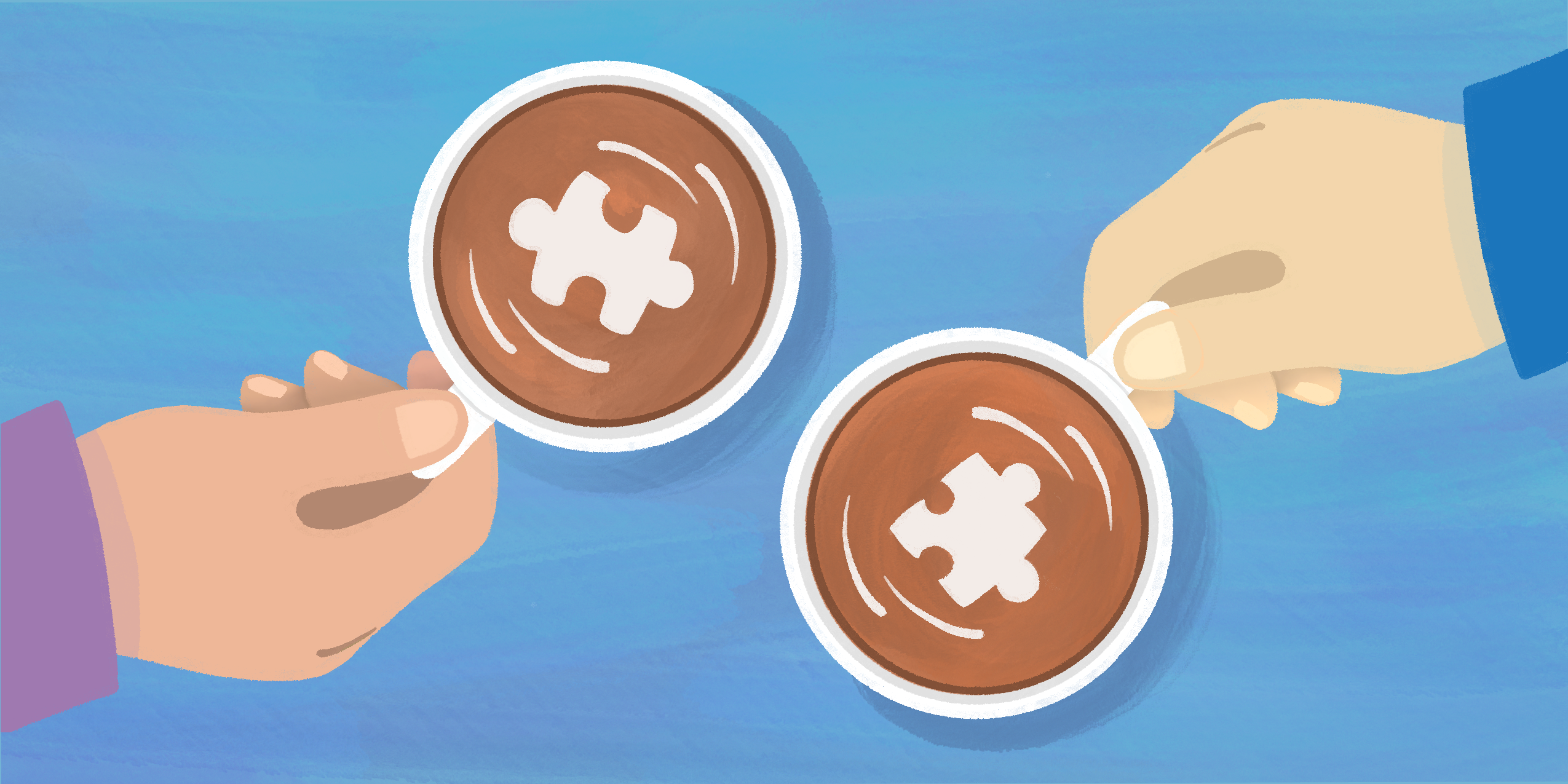 Two people hold coffee cups with puzzle pieces in them.